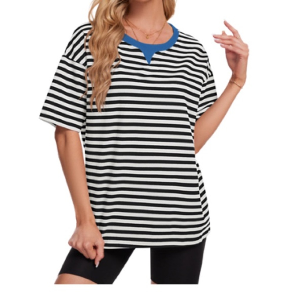 Striped Black and White Women's Top with Blue Accent